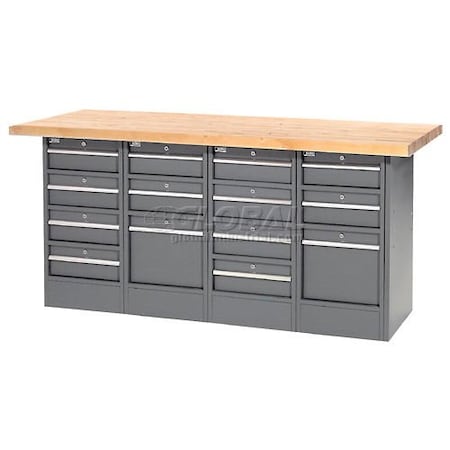 Global Industrial Workbench w/ Maple Square Edge Top & 14 Drawers, 72inW x 30inD, Gray 239162